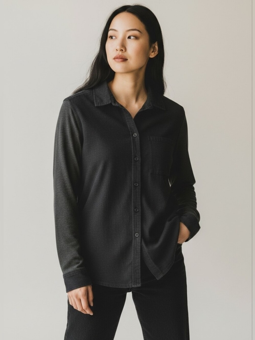 MEC Organic Cotton Hemp Mixed Media Black Gray Button-Down Long Sleeve Shirt